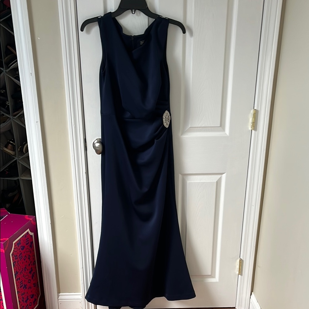 Jessica Howard Blue Ruched Cowl Neck Maxi Gown